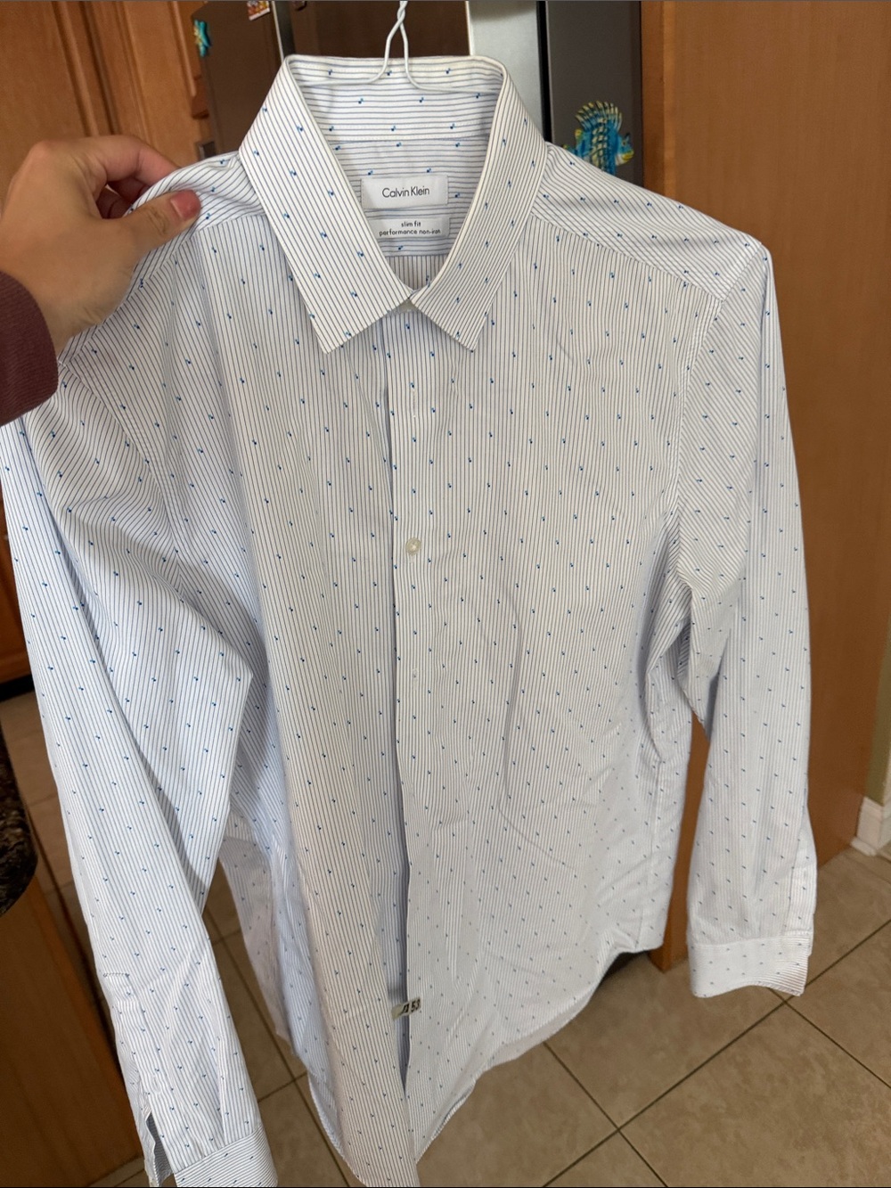 Calvin Klein Slim Fit White Dress Shirt with Blue Micro-Dot & Stripe